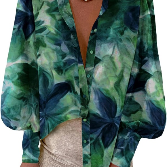 Green Floral Button Down Blouse – Women’s Size Large Long Sleeve Top - Picture 4 of 4